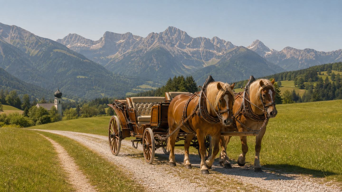Bayerisches Kutschgespann auf einem offenen Weg vor Alpenpanorama und Zwiebelturm. (KI-generiert)